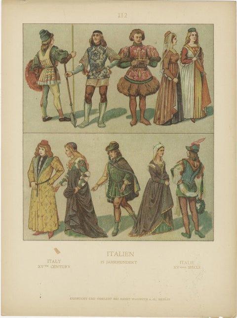 Italy 10th–16th Century, Set of Eight Antique Hand-Colored Costume Prints, 1880, view 8