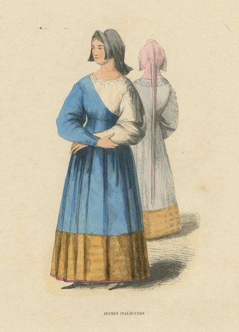 Antique Print of Italian Maidens in Traditional Attire, 1847, close-up 4