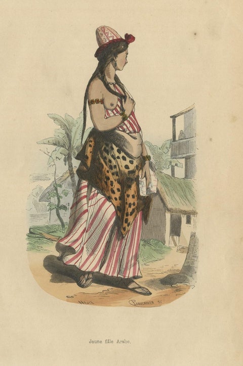 Original Antique Hand-Colored Print of an Arab Girl, 1843, close-up 1