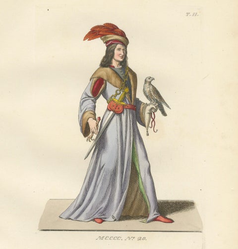 Medieval Falconer Figure, Hand-Colored Costume Engraving, France 1845, close-up 1