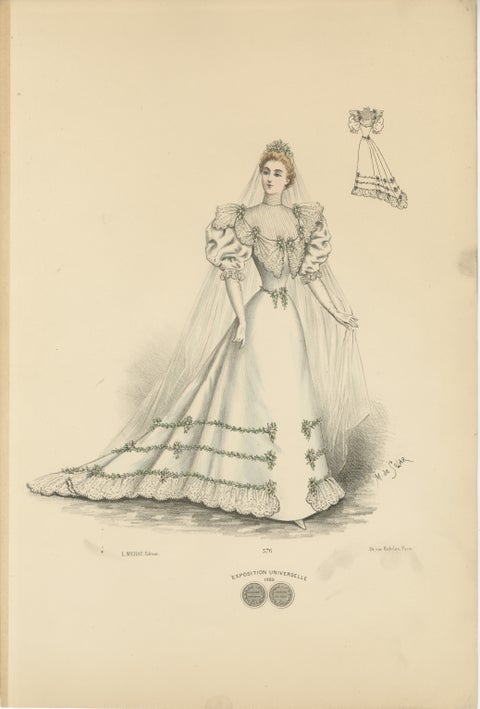 Victorian Bridal Elegance: Exquisite Wedding Gowns in Lithograph, 1889, view 2