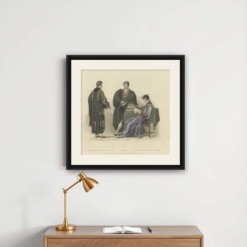 Old Print of Nobleman and Fellow-Commoners of Trinity and Emanuel College, 1815, shown framed on a wall