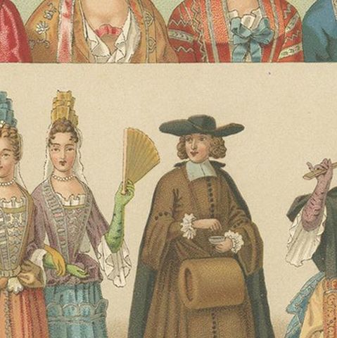Pl. 104 Antique Print of French 17th Century Costumes by Racinet, circa 1880, close-up 2