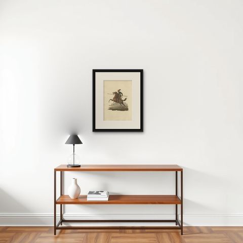 Antique Print of Turkish Cavalry Costume, Hand-Colored Aquatint, 1818, shown framed on a wall