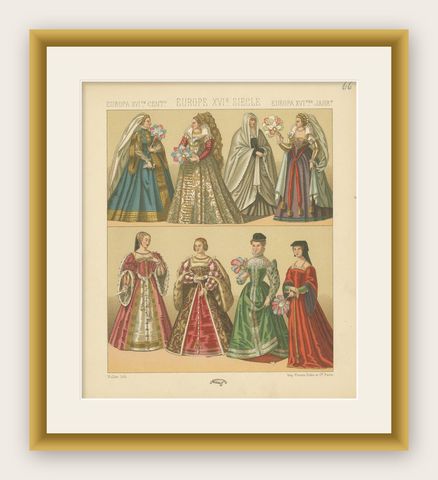 Pl. 66A Antique Print of European 16th Century Costumes by Racinet, circa 1880, shown framed
