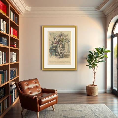 Antique Fashion Print by Dürr, 1894, shown framed in a room
