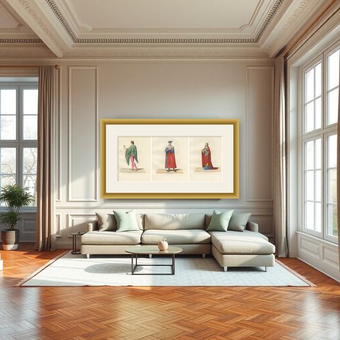 French Youth, Italian Nobleman and Noblewoman in Renaissance Costume, 1845 Print, shown framed in a room