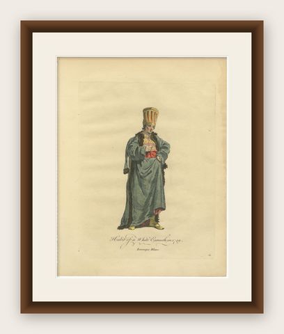 Ottoman Eunuch Costume Print, Hand-Colored Engraving, 1749, shown framed