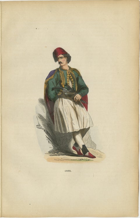 Greek Gentleman in Traditional Costume - Antique Hand-Colored Lithograph, 1852