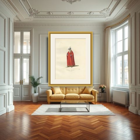Antique Print of an Italian Nobleman, 14th Century, by Bonnard, 1860, shown framed in a room