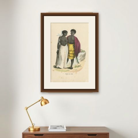 Antique Costume Print of Natives of Ardra by Wahlen, 1843, shown framed on a wall