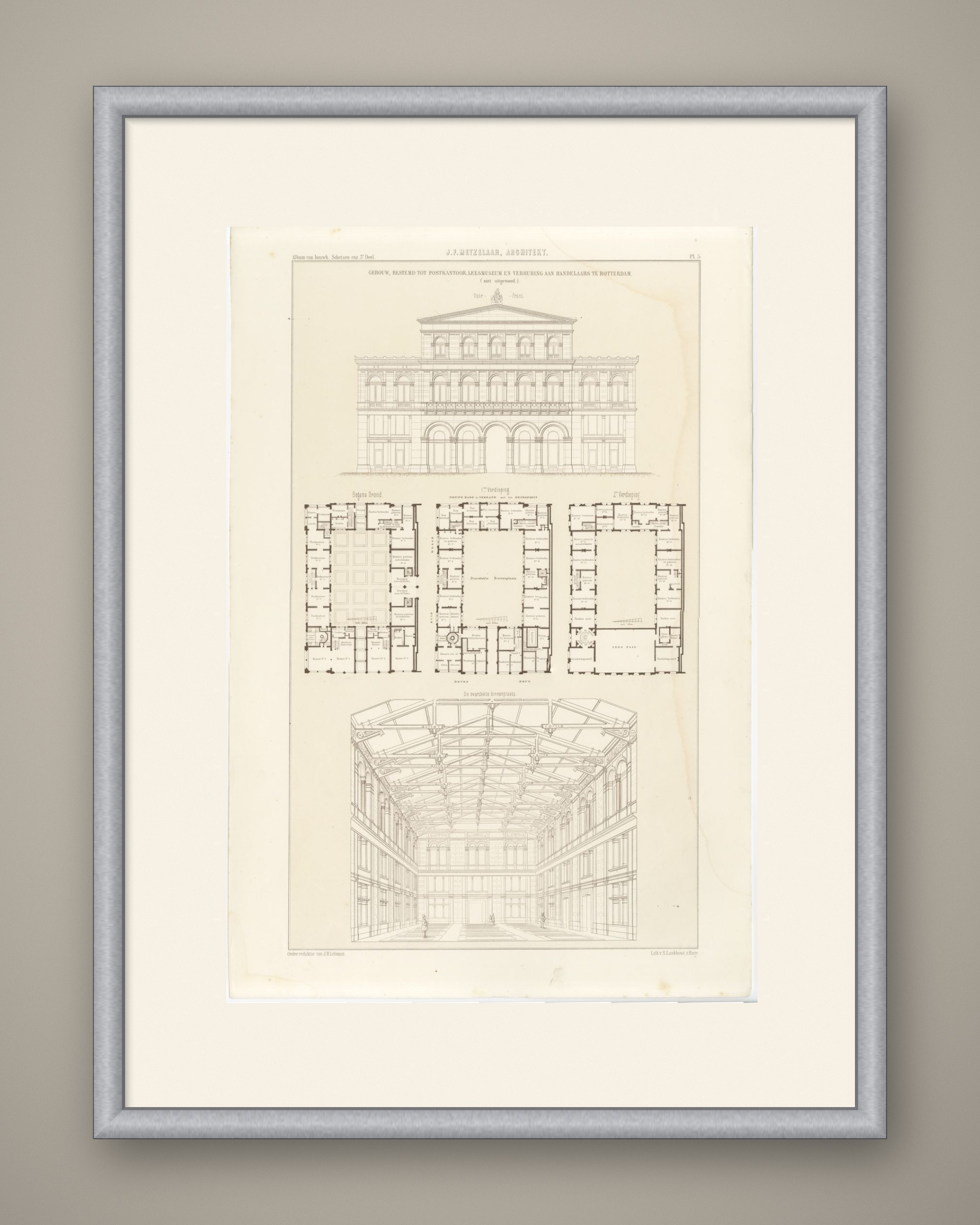 Unbuilt Rotterdam Post Office, Dutch Architecture Print, Leliman, 1865-1866, shown framed