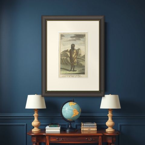 Californian Woman in Deerskin Dress, Indigenous Portrait, Engraving 1780, shown framed on a wall