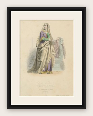 Antique Hand-Colored Fashion Print of a 9th Century Carolingian Lady, circa 1860, shown framed