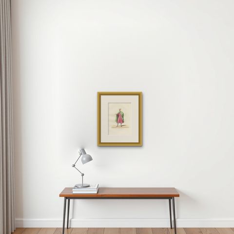 Historic Costume Print 1845, Renaissance Youth in Tunic and Cloak, shown framed on a wall
