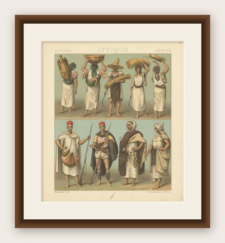 Pl. 88 Antique Print of African Costumes Racinet, 'circa 1880', shown framed