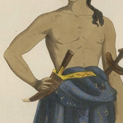 Antique Print of an Inhabitant of Java in Costume by H. Berghaus, 1855, close-up 1