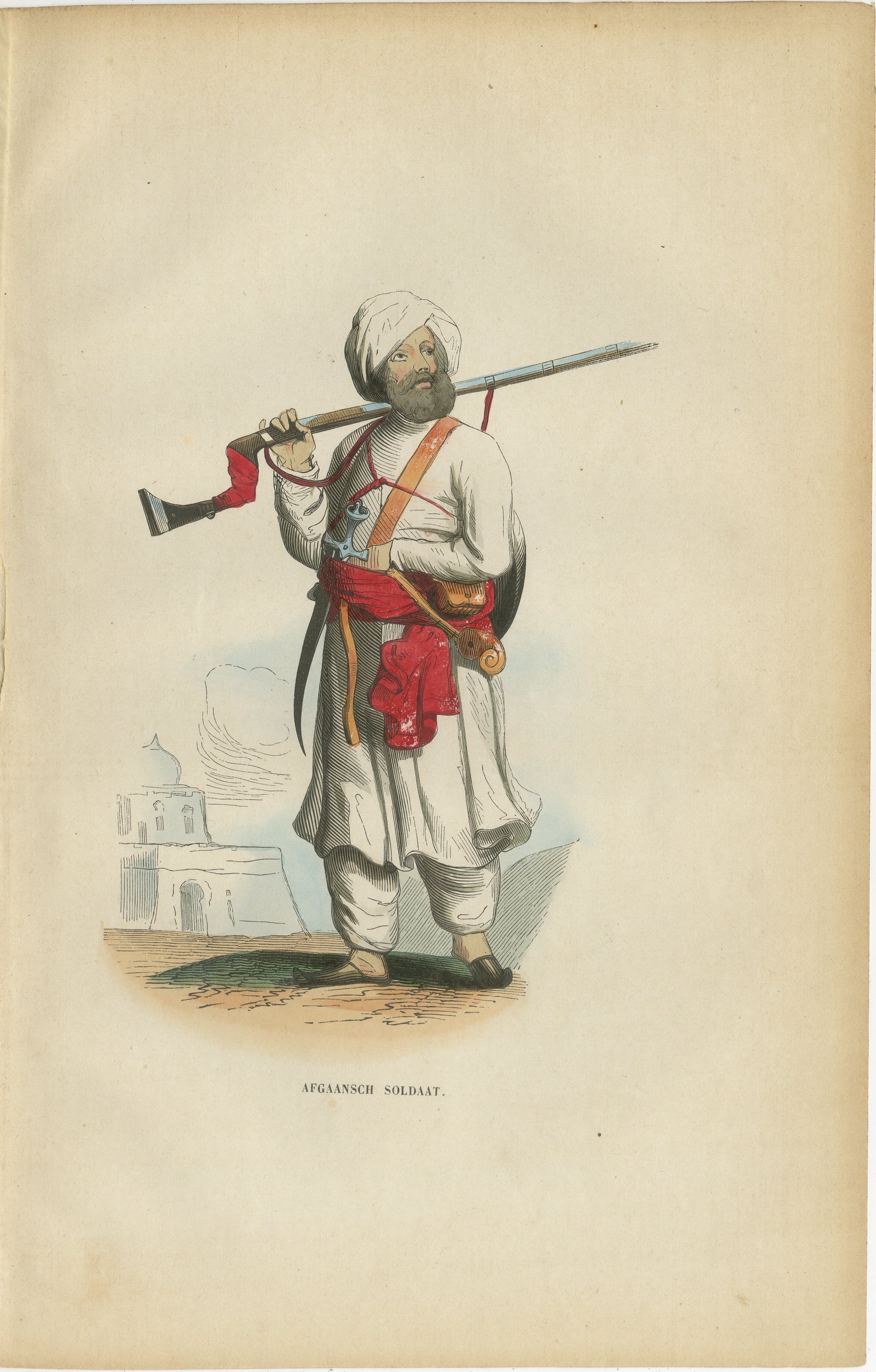 Antique Afghan Soldier Print, Hand-Colored Military Costume Lithograph, 1852