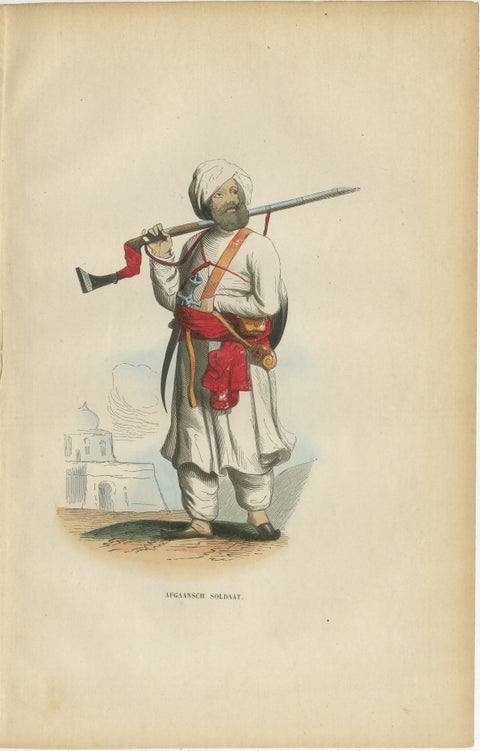 Antique Afghan Soldier Print, Hand-Colored Military Costume Lithograph, 1852