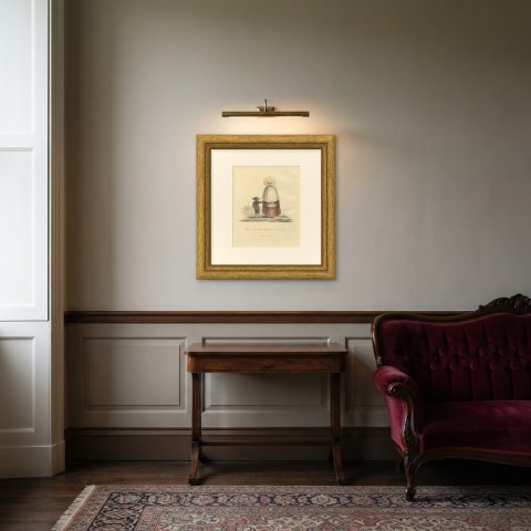 Woman and Boy near Amsterdam, Church Spire Beyond, Antique Print, 1817, shown framed in a room