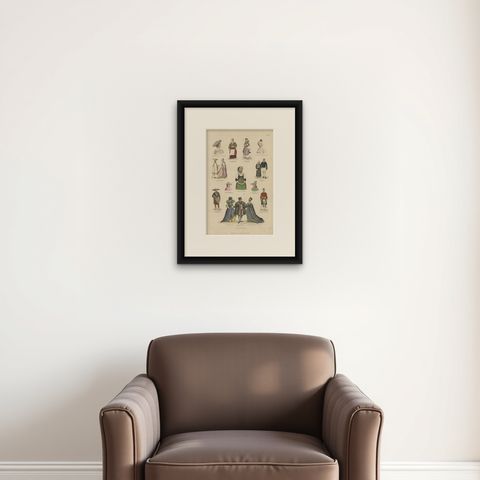 Antique Costume Print of Greece, Java, Scotland and Others, C.1875, shown framed on a wall
