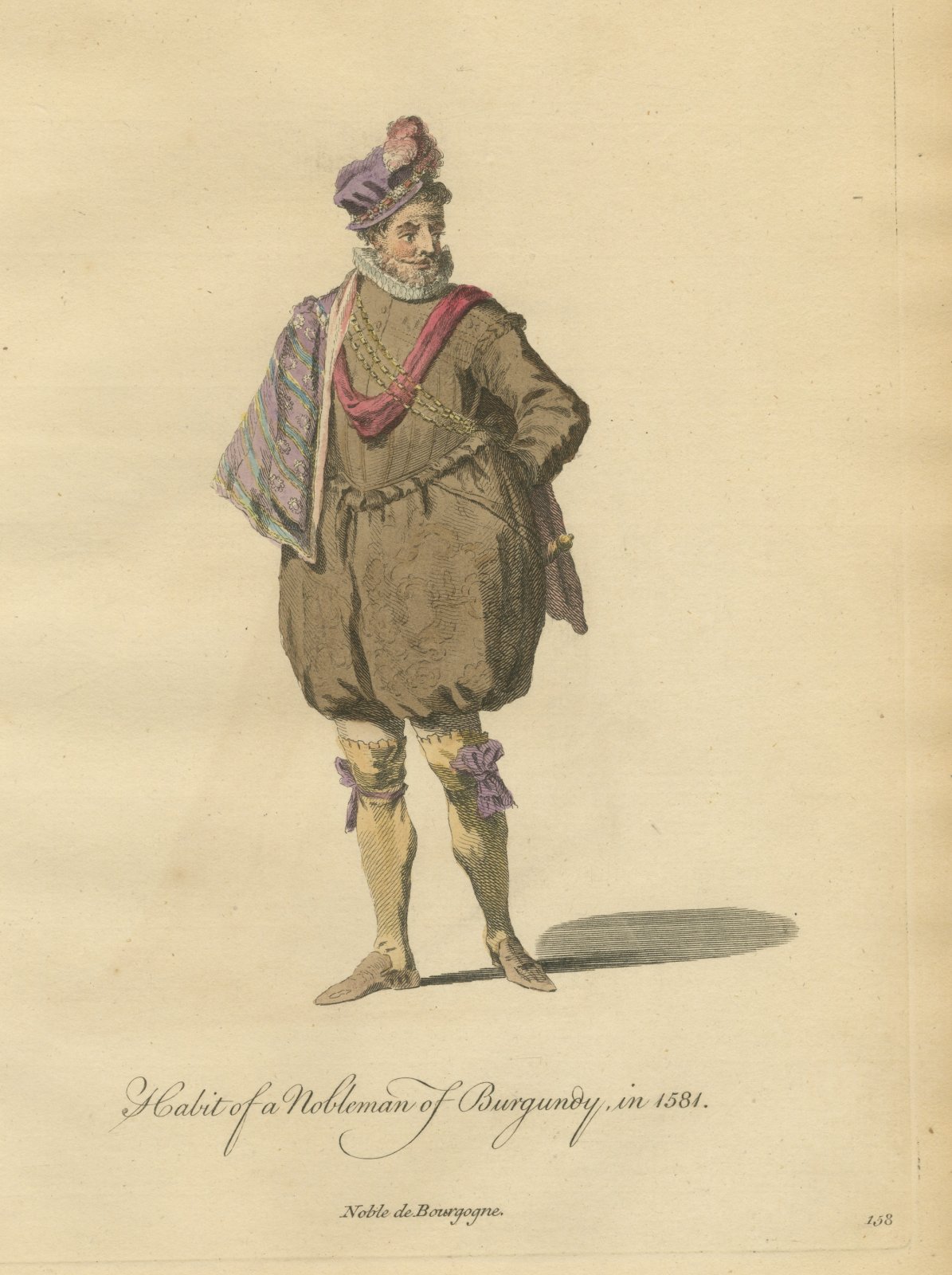 Nobleman of Burgundy in Purple Plumed Cap and Red Sash, Costume of 1581, 1757