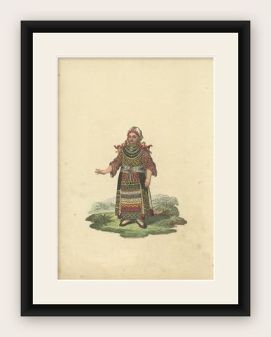 Antique Costume Print of a Woman from Finland, 1811, shown framed