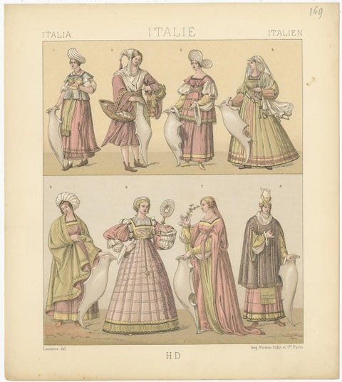 Pl. 169 Antique Print of Italian Women's Costumes by Racinet, 'circa 1880', view 3