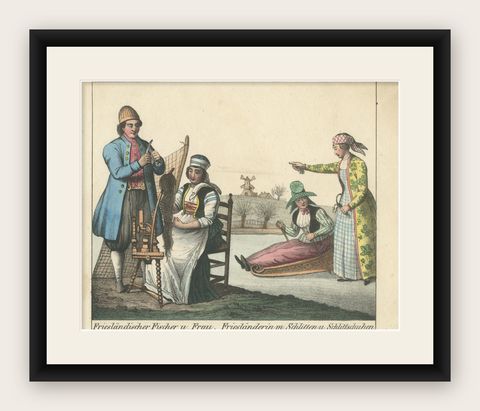 Frisian Fisherman & Winter Costume Scene, Dutch Costume Lithograph, c.1840, shown framed