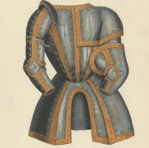 19th-Century Hand-Coloured Print of Ornate Medieval Armor and Tournament Attire, close-up 1