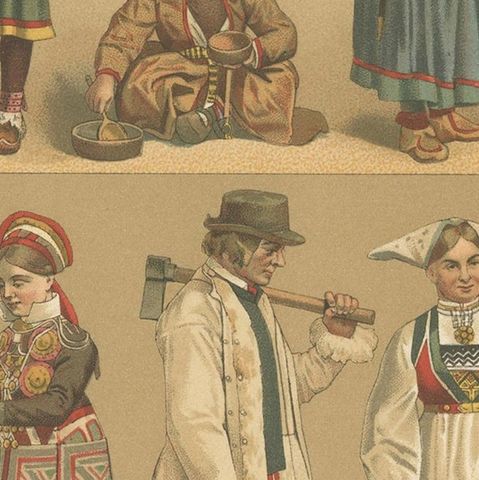 Pl. 127 Antique Print of Swedish Costumes of Racinet, 'circa 1880', close-up 2