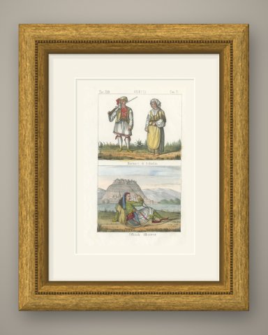 Sailors of Achadia and an Albanian Officer in Greek Costume, 1842, shown framed