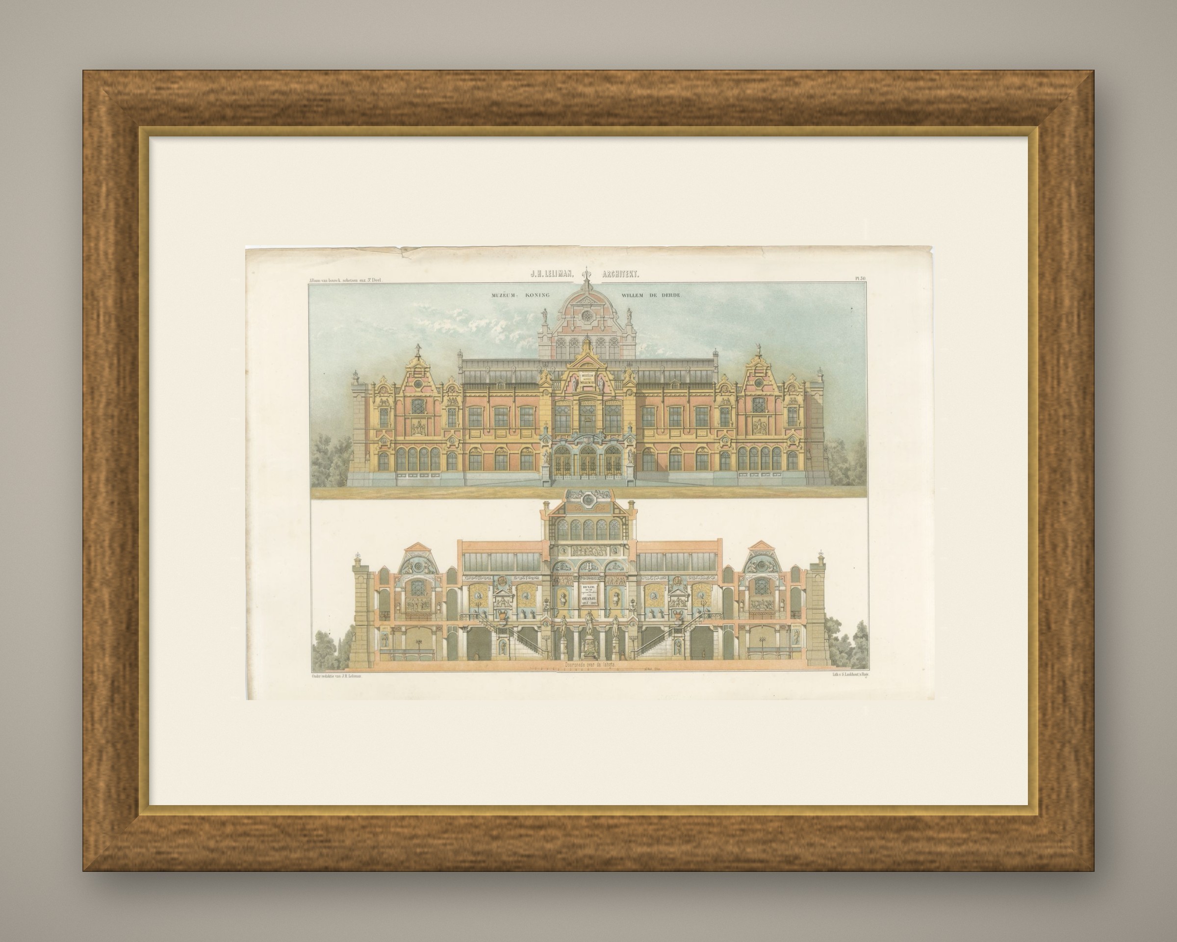 Museum King Willem III, Elevation, Dutch Architecture Print, Leliman, 1865-1866, shown framed