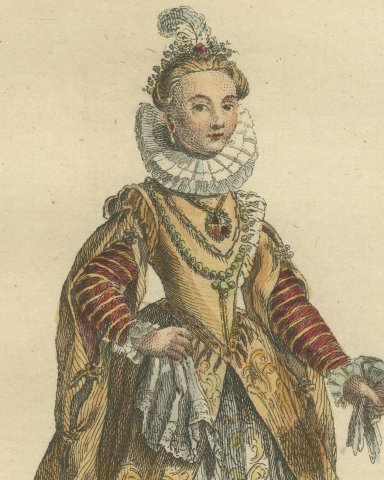 Infanta of Spain in 1598 in a Gold Brocade Gown, Jefferys Costume Plate, 1757, close-up 1