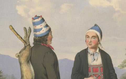 Traditional Dress from Surendal, Norway, Hunting Scene, 19th Century Print, close-up 3