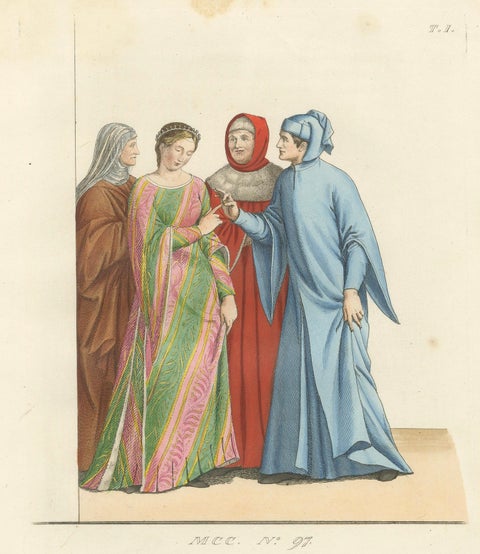 Medieval Italian Courtship c.1300s, Nobles in Historic Dress, Print 1845, close-up 1