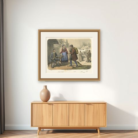 Swedish and Norwegian Costumes, Peasants, Laplanders and Reindeer, c.1845, shown framed on a wall