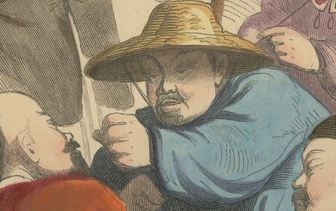 Chinese Laborers Gambling in Traditional Attire from Wahlen's 1844 Lithographs, close-up 5