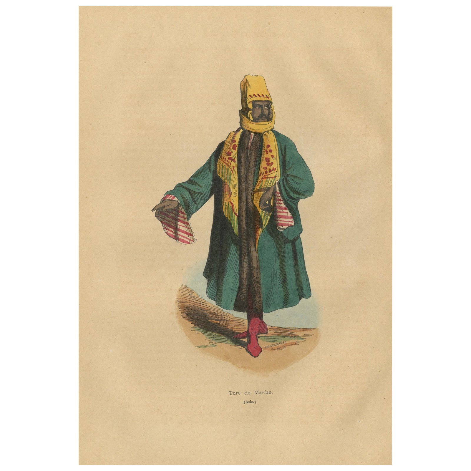 Traditional Attire of a Man from Mardin in Turkey in 19th Century Lithograph