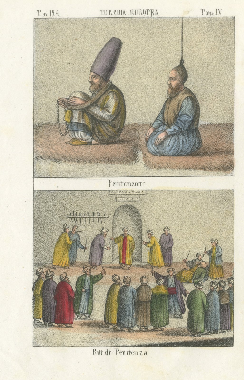 Turkish Penitents and Rites of Penance, Hand Colored Lithograph, 1842