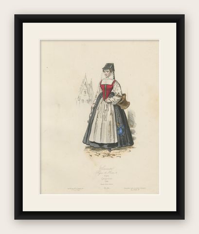 Antique French Costume Print of a Servant in Medieval Dress, 19th Century, shown framed