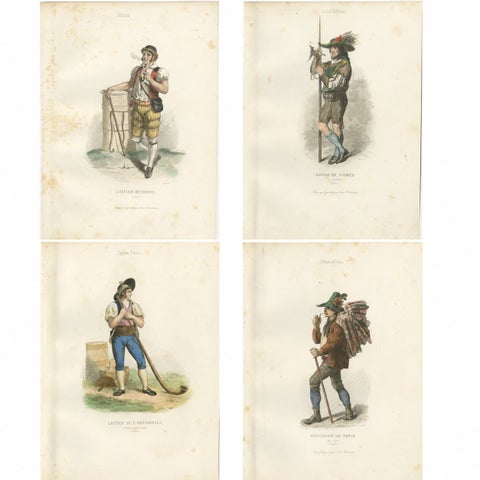 Four Antique Alpine Trades & Folk Costume Engravings, Switzerland & Tyrol, 1850