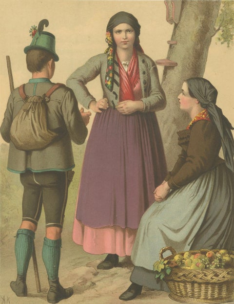 Austrian Folk Costume Prints, Styria, Elegant 19th-Century Pair, Austria, close-up 6