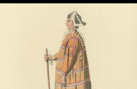 Hand-Colored Engraving of Aleutian and Kurilian Traditional Attire, 1814, close-up 2