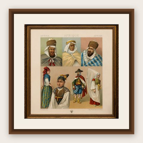 North African Costumes Algeria, Racinet Afrique Chromolithograph, 1888, shown framed