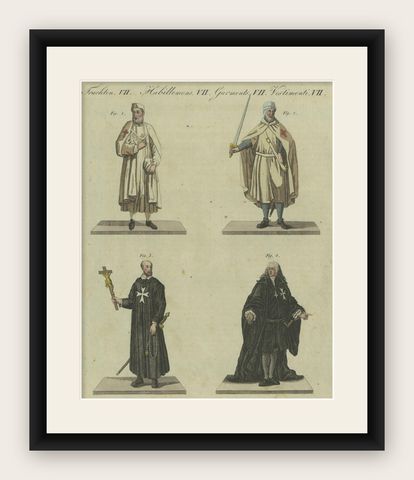Knights Templar and Clergy: Hand-Colored Engraving of Historical Attire (1805), shown framed