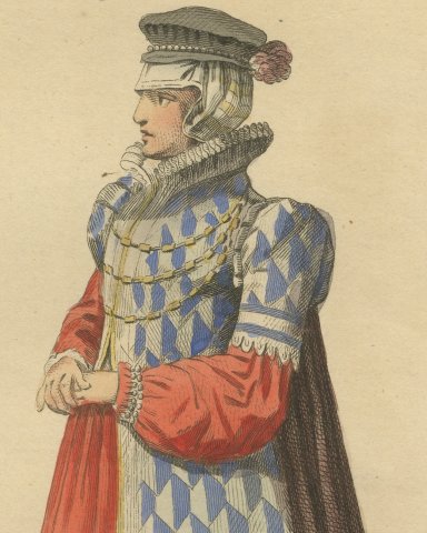 Lady of Quality of Bavaria in Blue Lozenge Gown, Costume of 1581, 1757, close-up 1