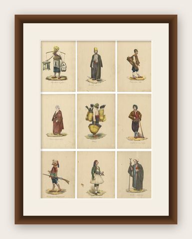 Set of 9 Antique Costume Prints, Turkey, Albania, Anatolia, 'c.1840', shown framed