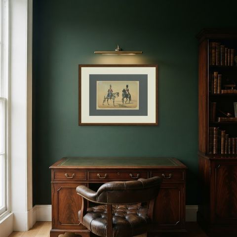Spanish Cavalry Lithograph by José Villegas: Royal Bodyguards, 1861, shown framed in a room