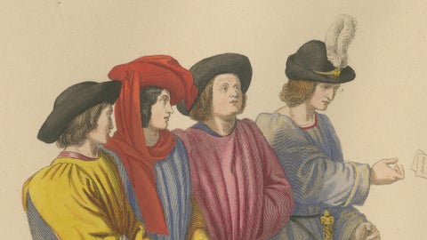 Medieval Messengers & Courtiers, Elegant Hand-Colored Antique Print, France 1845, close-up 4